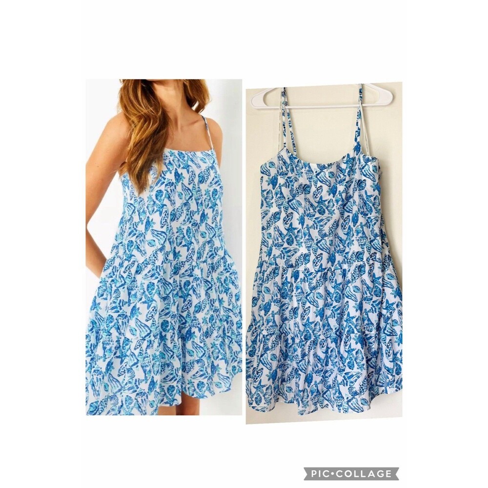 Lilly Pulitzer Allesia Blue & White Seashell Tiered Mini Dress Women’s XL Beach